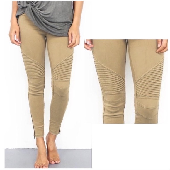 TAN MOTO ANKLE ZIPPER LEGGINGS - Picture 2 of 4